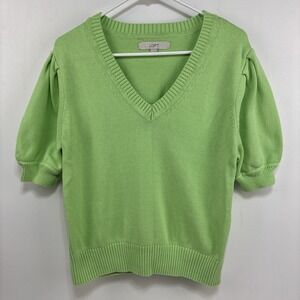 Loft Womens XL Green Knit Puff Sleeve Cotton Sweater Classic Feminine Preppy